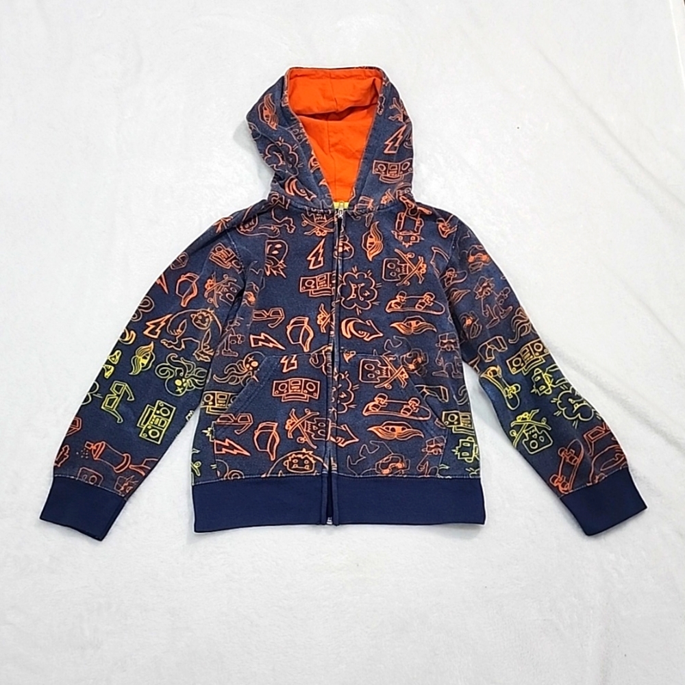 Boy's Blue Hoodie With Orange and Yellow Graphic Design S 8-10